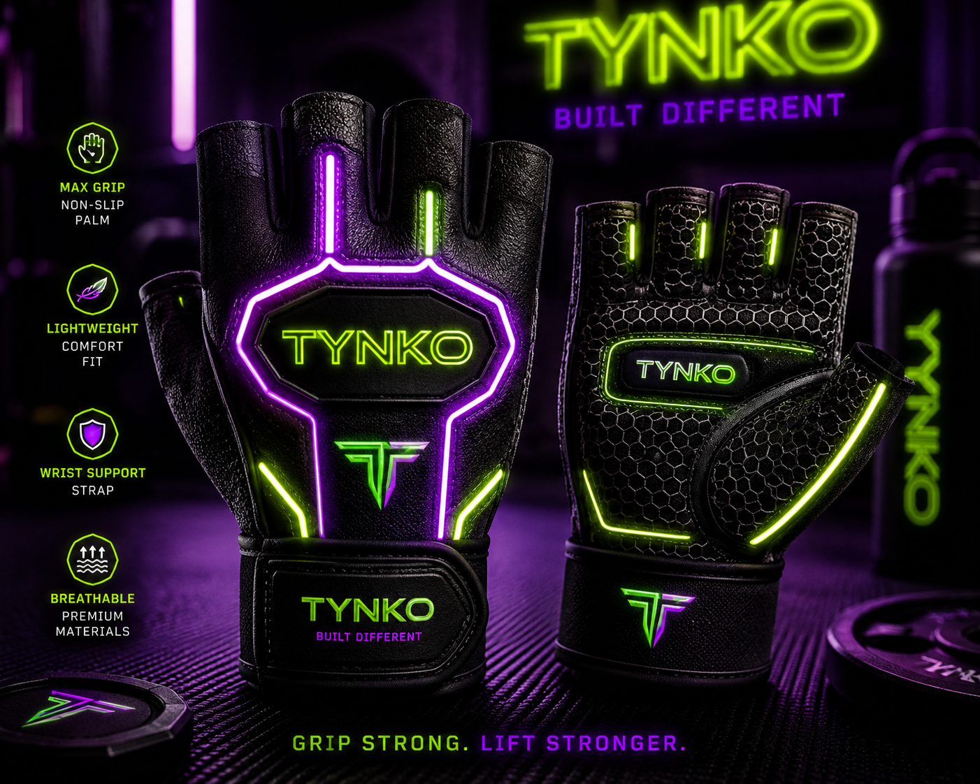 tynko grip gloves with neon lighting